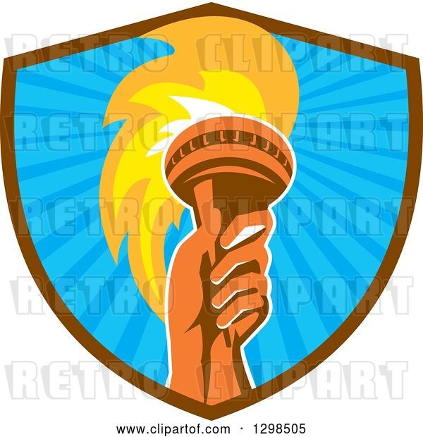 Vector Clip Art of Retro Red Hand Holding up a Torch in a Brown and Blue Ray Shield