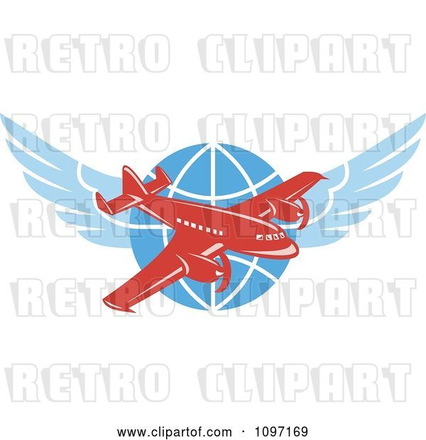 Vector Clip Art of Retro Red Jumbo Jet Propeller Airplane over a Winged Globe