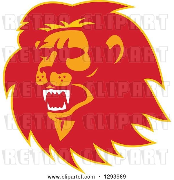 Vector Clip Art of Retro Red Orange and Yellow Roaring Lion Head