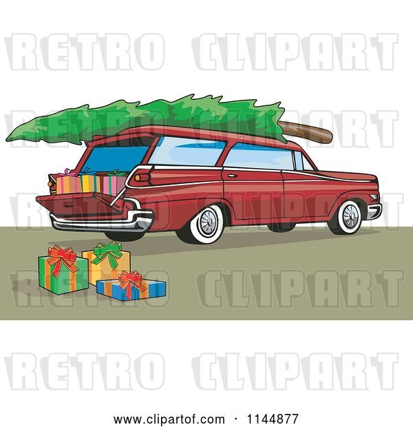 Vector Clip Art of Retro Red Station Wagon with a Christmas Tree and Gifts