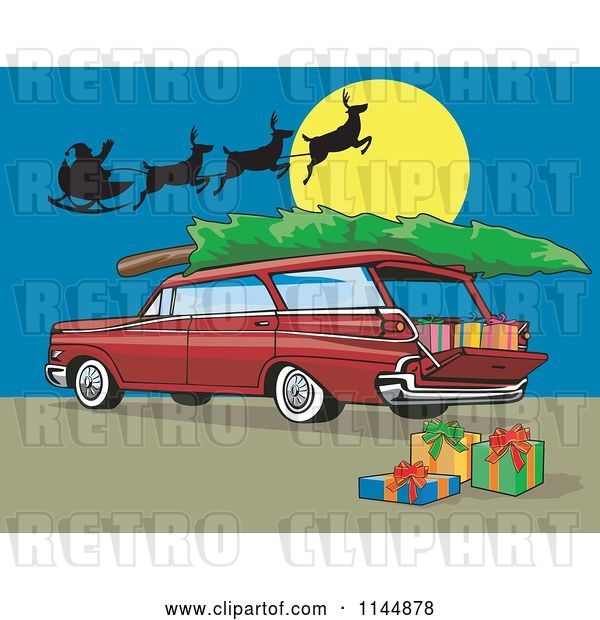 Vector Clip Art of Retro Red Station Wagon with a Christmas Tree Santa and Gifts