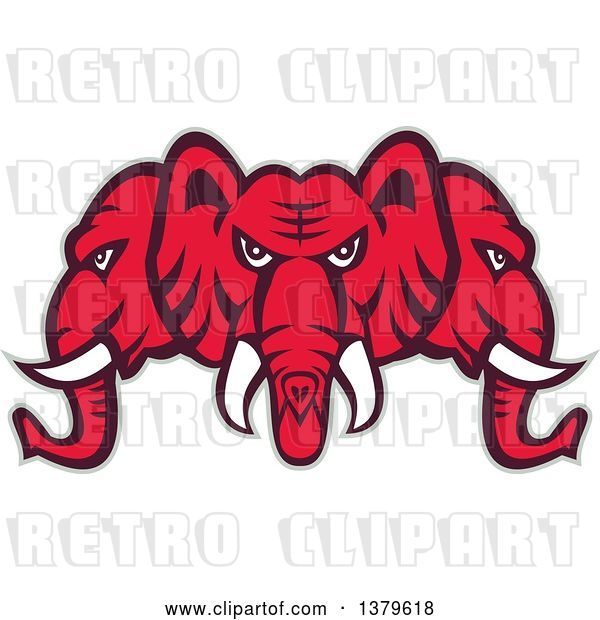 Vector Clip Art of Retro Red Three Headed Elephant Faces with a Gray Outline