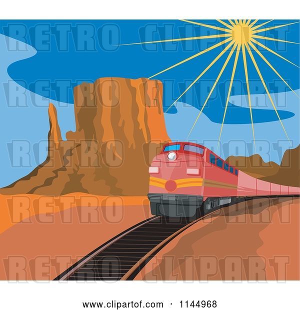 Vector Clip Art of Retro Red Train in a Desert