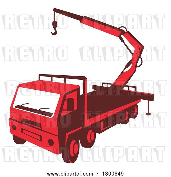 Vector Clip Art of Retro Red Truck Mounted Hydraulic Crane Cartage with Hydraulic Boom Hoist