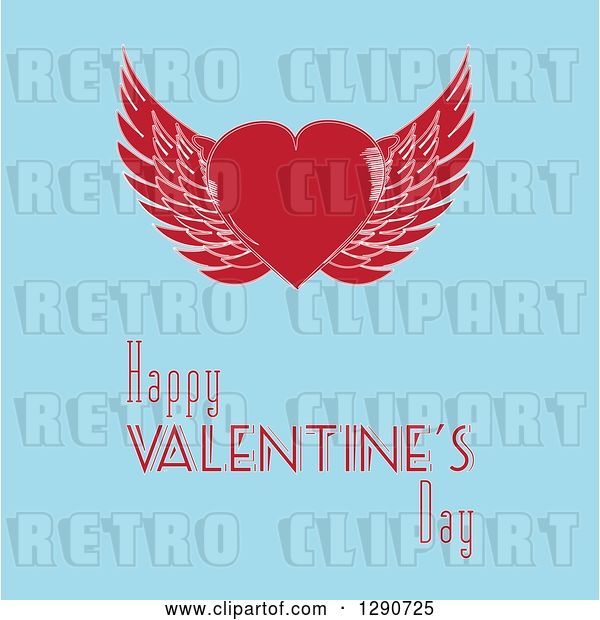 Vector Clip Art of Retro Red Winged Love Heart over Happy Valentines Day Text on Blue