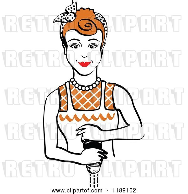 Vector Clip Art of Retro Redhead Housewife or Maid Lady Grinding Fresh Pepper