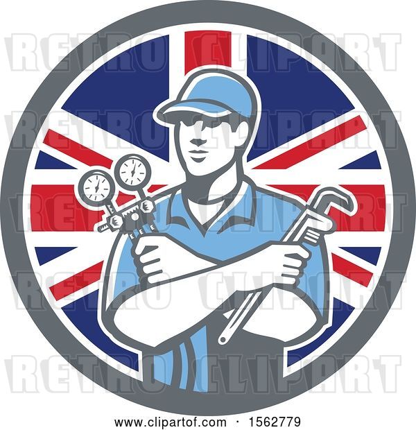 Vector Clip Art of Retro Refrigeration Mechanic, Air Conditioning or Air Con Serviceman Holding Manifold Gauge in a Union Jack Flag Circle