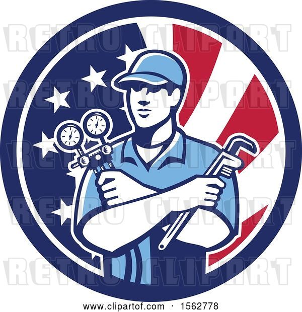 Vector Clip Art of Retro Refrigeration Mechanic, Air Conditioning or Air Con Serviceman Holding Manifold Gauge in an American Flag Circle
