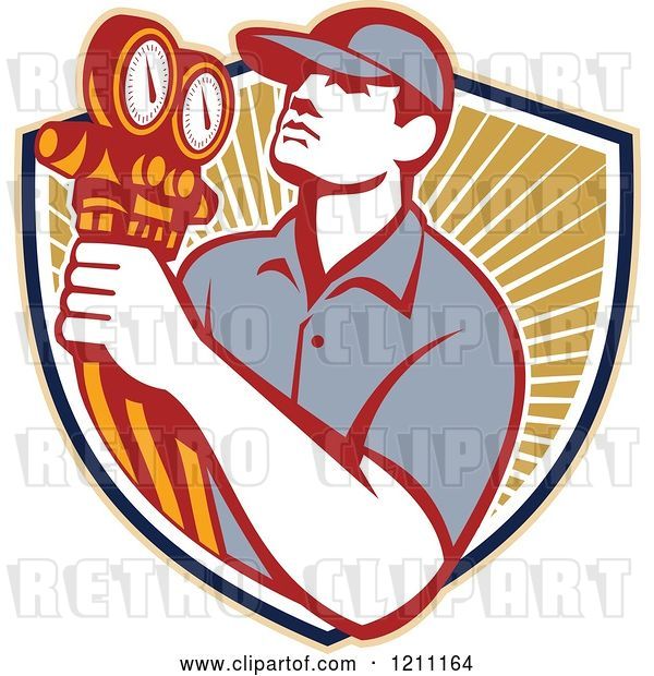 Vector Clip Art of Retro Refrigeration Mechanic Holding Temperature Gauges over a Shield of Rays