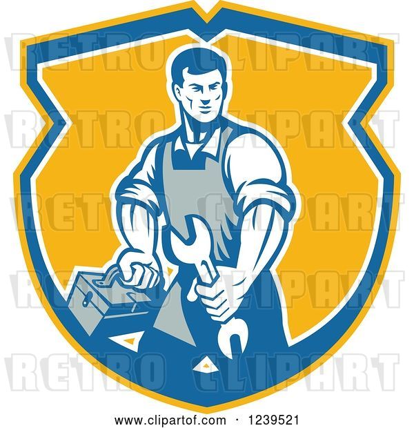 Vector Clip Art of Retro Repair Guy Carrying a Wrench and Tool Box in a Shield