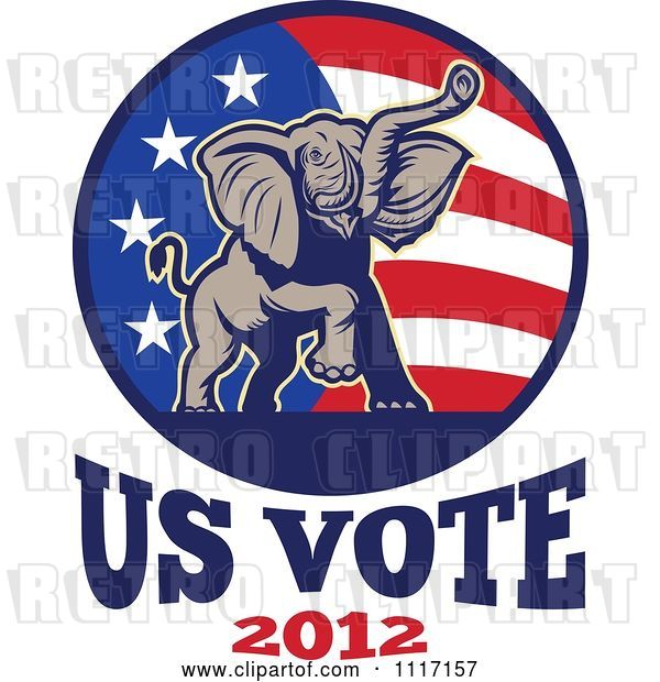 Vector Clip Art of Retro Republican Political Party Elephant and Flag with Us Vote 2012 Text 2