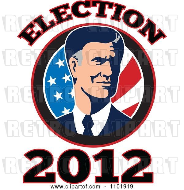 Vector Clip Art of Retro Republicn American Presidential Candidate Mitt Romney over Stars and Stripes with 2012 Election Tex