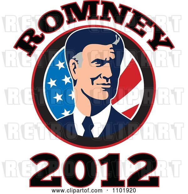 Vector Clip Art of Retro Republicn American Presidential Candidate Mitt Romney over Stars and Stripes with 2012 Text