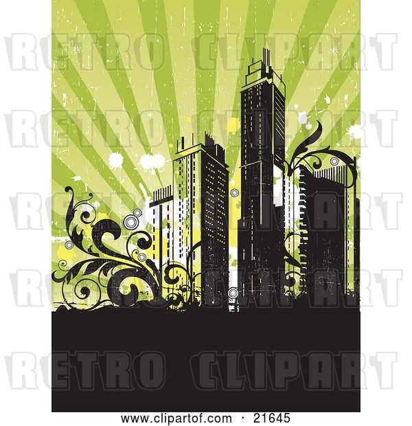 Vector Clip Art of Retro Retro-Revival Background with City Skyscrapers with Vines, over Black and Green