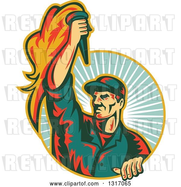 Vector Clip Art of Retro Revolution Male Worker Holding up a Torch and Emerging from a Turquoise Sun Burst Circle