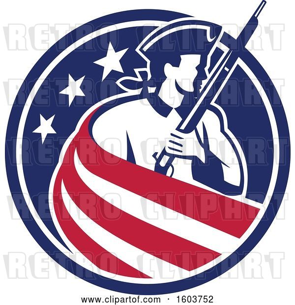 Vector Clip Art of Retro Revolutionary Soldier Holding a Musket, Draped in Stripes in an American Star Circle