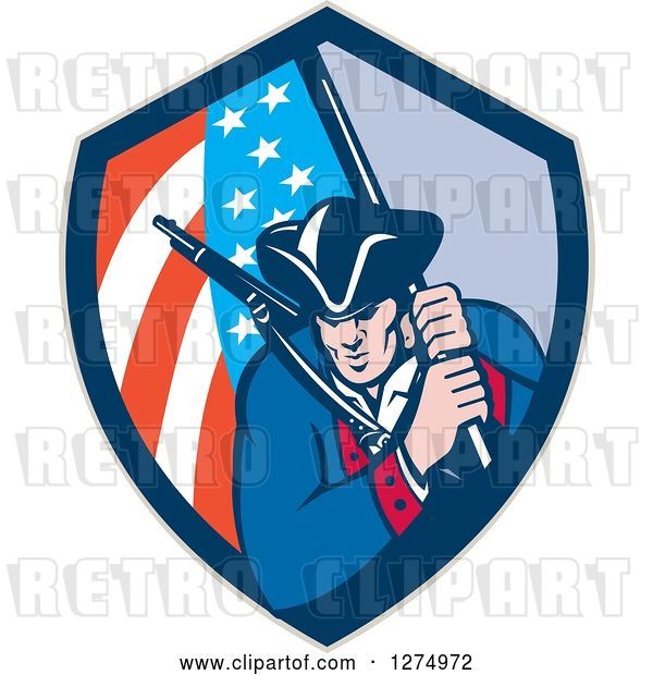 Vector Clip Art of Retro Revolutionary Soldier Minute Guy with an American Flag in a Shield