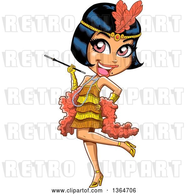 Vector Clip Art of Retro Roaring 20s Flapper Party Lady Kicking a Leg Back and Holding a Cigarette