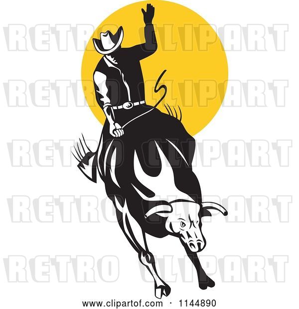 Vector Clip Art of Retro Rodeo Cowboy on a Bucking Bull 1