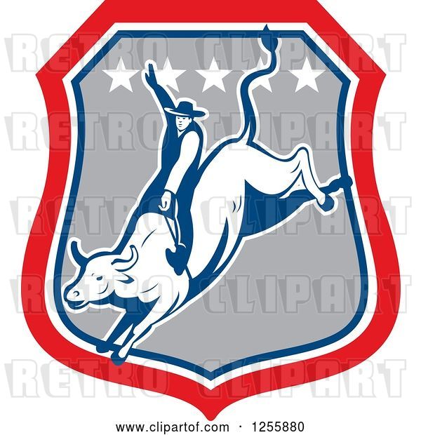 Vector Clip Art of Retro Rodeo Cowboy on a Bull in a Shield