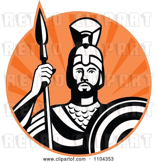 Vector Clip Art of Retro Roman Centurion Soldier with a Spear and Shield over Orange Rays