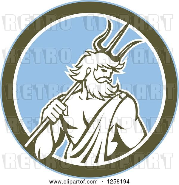 Vector Clip Art of Retro Roman Sea God, Neptune or Poseidon, with a Trident in a Blue and Olive Green Circle