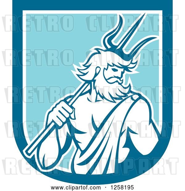 Vector Clip Art of Retro Roman Sea God, Neptune or Poseidon, with a Trident in a Blue and White Shield