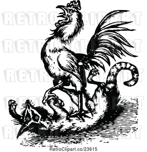 Vector Clip Art of Retro Rooster Attacking a Fox