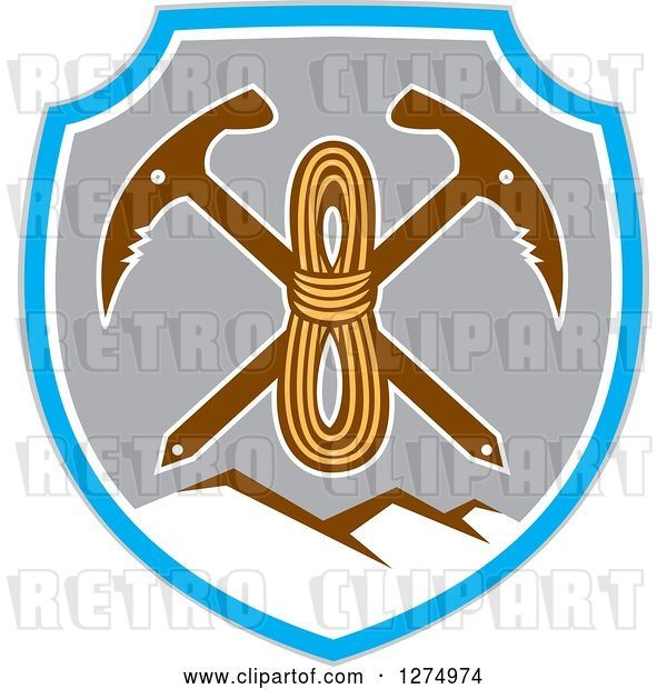 Vector Clip Art of Retro Rope over Crossed Pickaxes in a Gray Blue and White Shield of Mountains