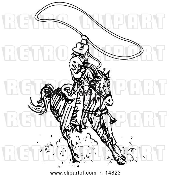 Vector Clip Art of Retro Roper Cowboy on a Horse, Using a Lasso to Catch a Cow or Horse