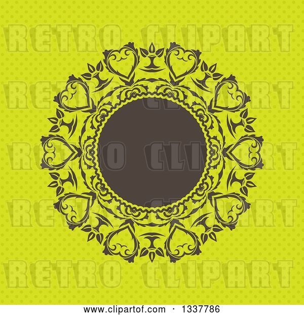 Vector Clip Art of Retro Round Brown Frame with Ornate Floral Hearts over Green Polka Dots