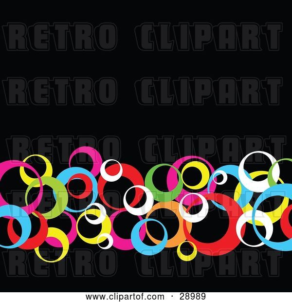 Vector Clip Art of Retro Row of Pink, Blue, Yellow, Red, Green and White Circles Crossing over a Black Background