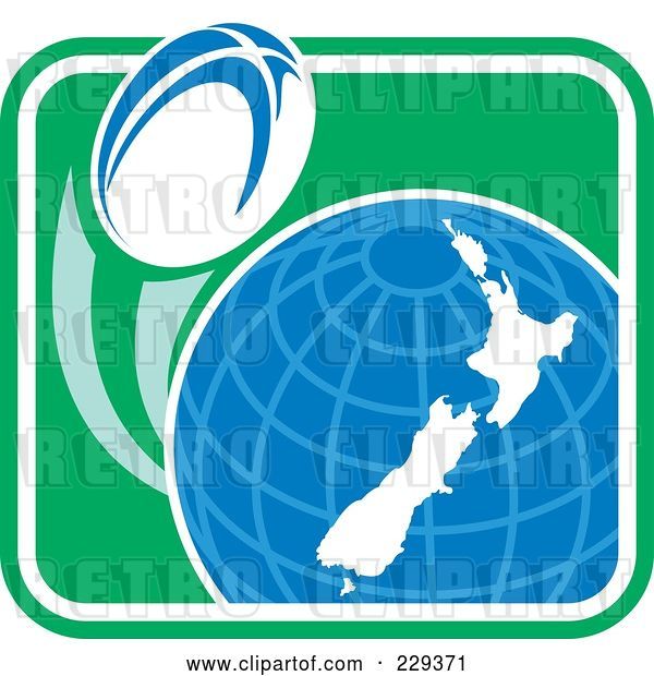 Vector Clip Art of Retro Rugby Ball Flying Around a New Zealand Globe