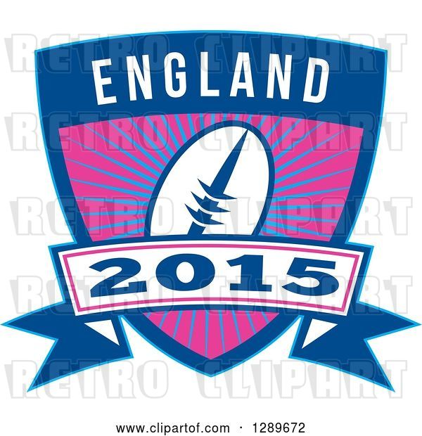 Vector Clip Art of Retro Rugby Ball over a Burst in a Blue England 2015 Shield