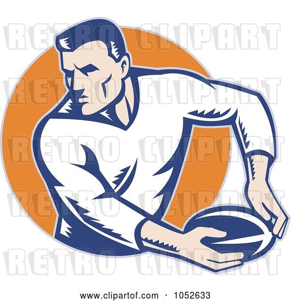 Vector Clip Art of Retro Rugby Football Guy Against an Orange Circle