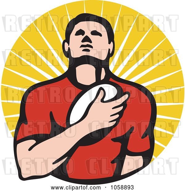 Vector Clip Art of Retro Rugby Player Holding a Ball to His Chest, over Rays