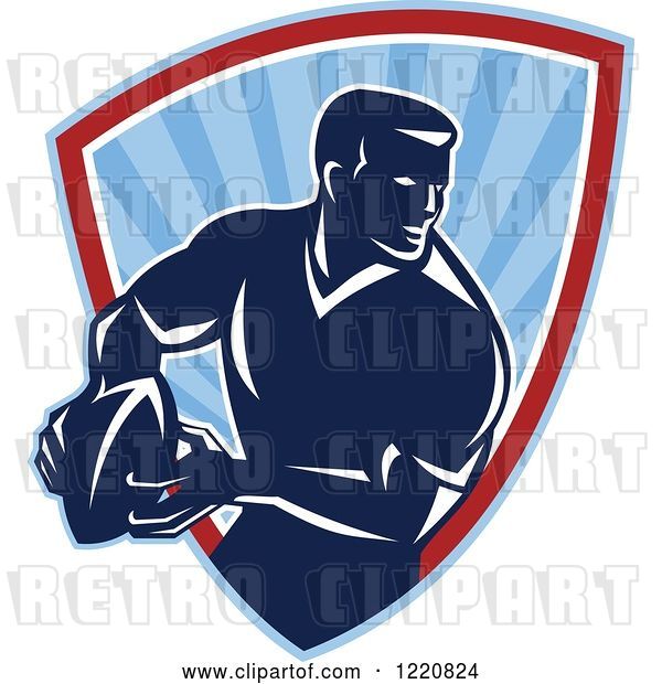 Vector Clip Art of Retro Rugby Player with a Ball in a Blue Sunshine Shield