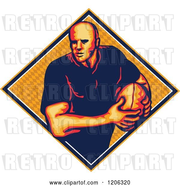 Vector Clip Art of Retro Rugby Player with a Ball in a Diamond with a Pattern