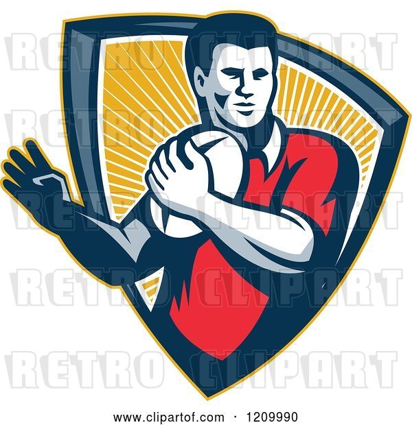 Vector Clip Art of Retro Rugby Player with a Ball in a Ray Shield