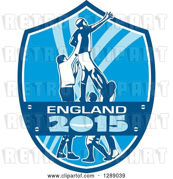 Vector Clip Art of Retro Rugby Union Player Catching Lineout Ball in a Blue and White England 2015 Shield