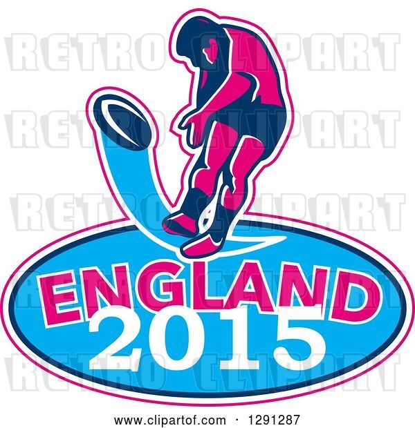 Vector Clip Art of Retro Rugby Union Player Kicking a Ball Ball in a Pink White and Blue England 2015 Oval