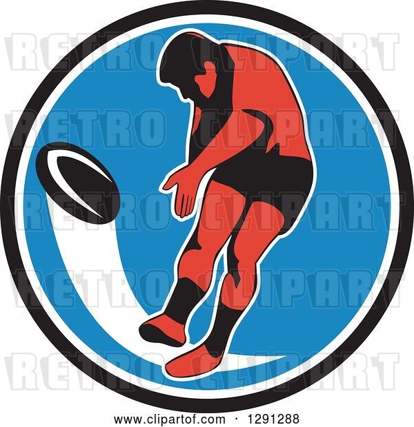 Vector Clip Art of Retro Rugby Union Player Kicking a Ball in a Black White and Blue Circle