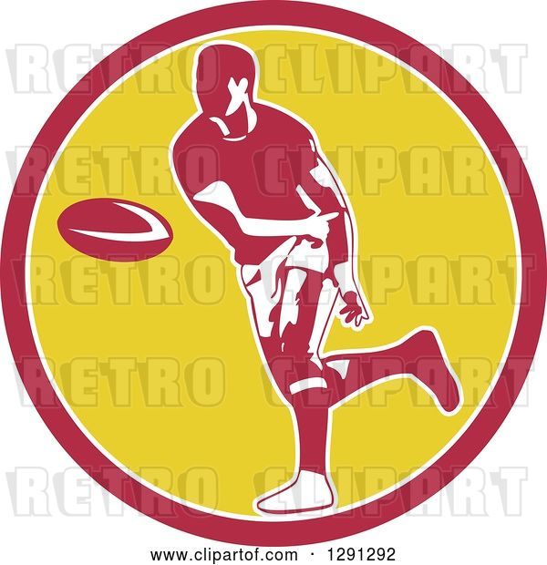 Vector Clip Art of Retro Rugby Union Player Passing a Ball in a Pink White and Yellow