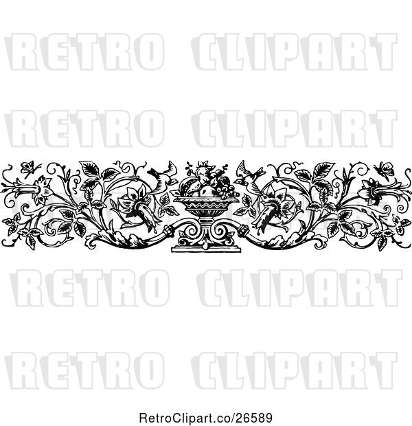 Vector Clip Art of Retro Rule Border of Fruit Vines and Birds