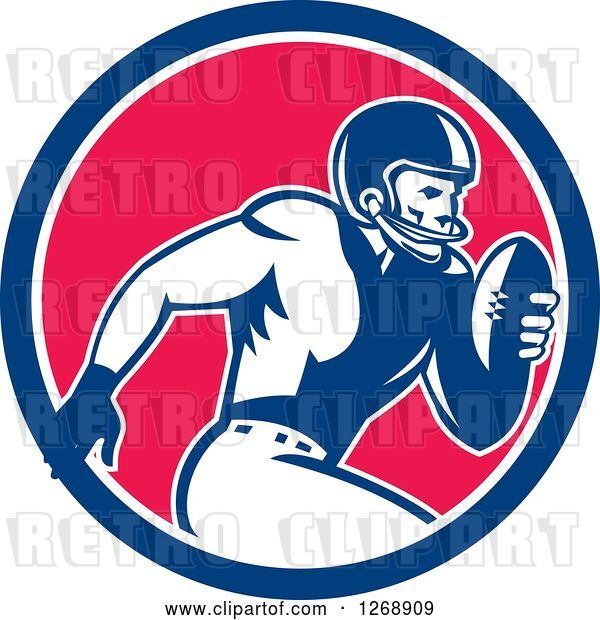 Vector Clip Art of Retro Running American Football Player in a Blue White and Pink Circle