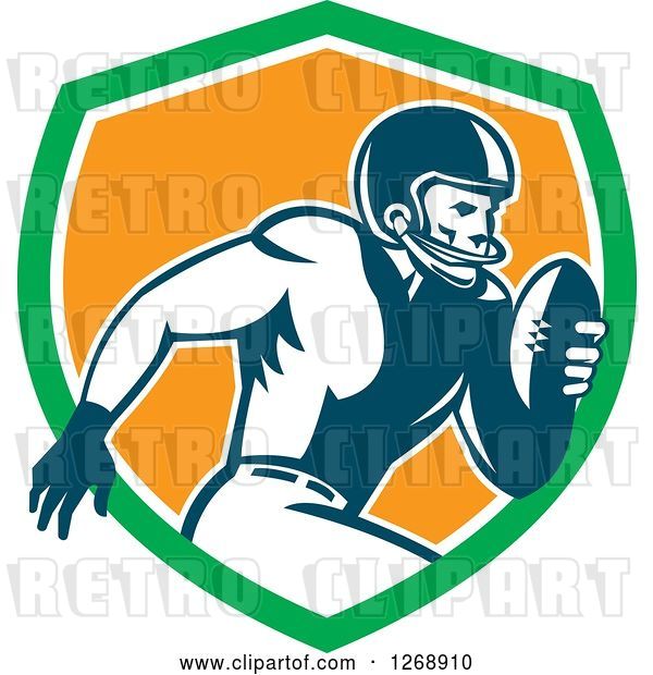 Vector Clip Art of Retro Running American Football Player in a Green White and Orange Shield