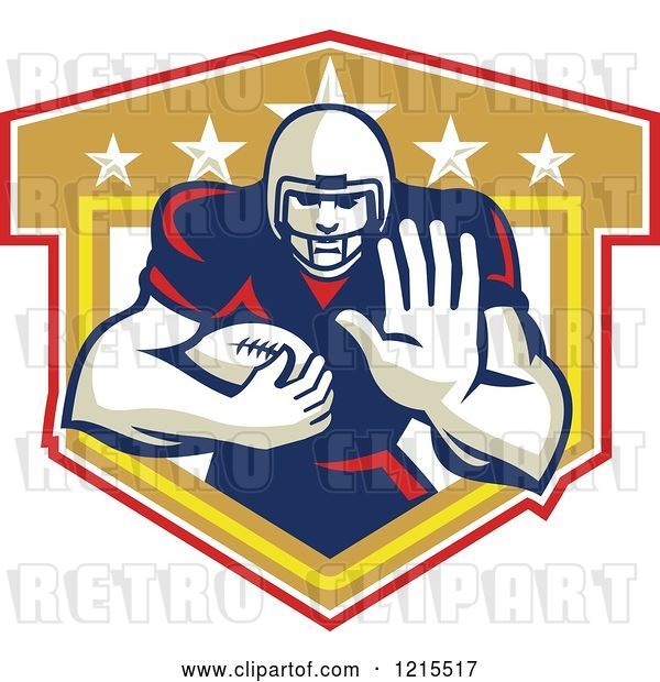 Vector Clip Art of Retro Running Back American Football Player Holding out a Hand over a Shield