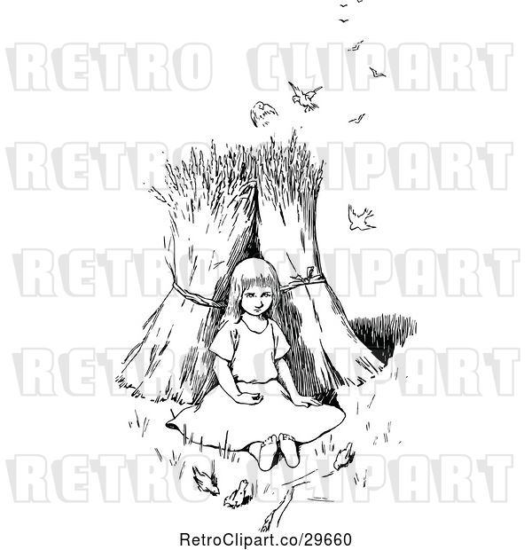 Vector Clip Art of Retro Sad Girl with Hay