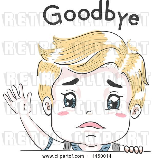 Vector Clip Art of Retro Sad Sketched Blond White Boy Waving Goodbye Under Text