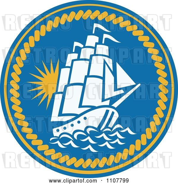 Vector Clip Art of Retro Sailing Galleon Ship in a Blue Circle with Rope